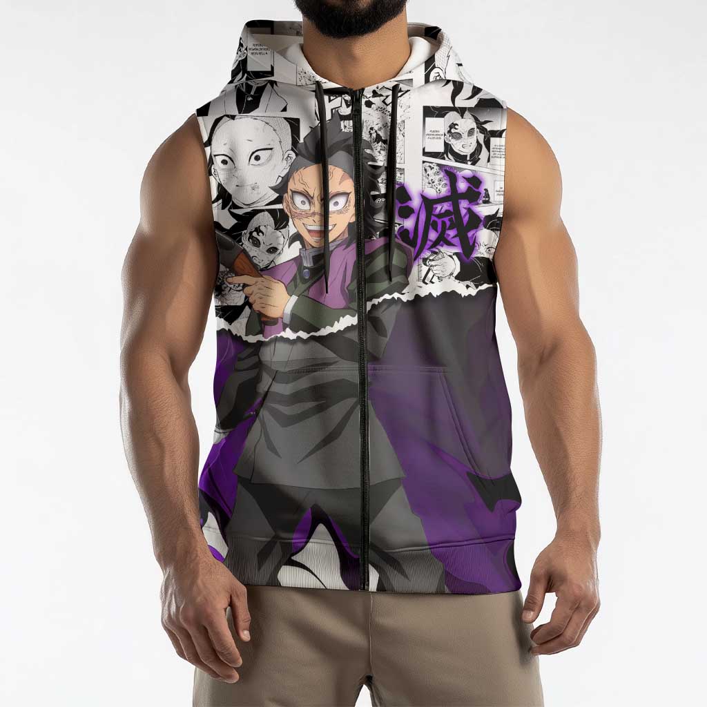 Genya Shinazugawa Demon Slayer Manga Panel Black and White Theme Sleeveless Zip Hoodie with Purple Accents and Gun Action Pose - The Mazicc