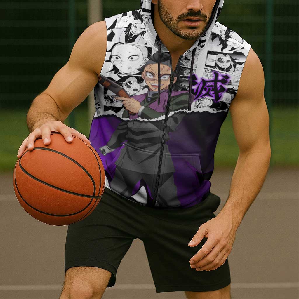 Genya Shinazugawa Demon Slayer Manga Panel Black and White Theme Sleeveless Zip Hoodie with Purple Accents and Gun Action Pose - The Mazicc