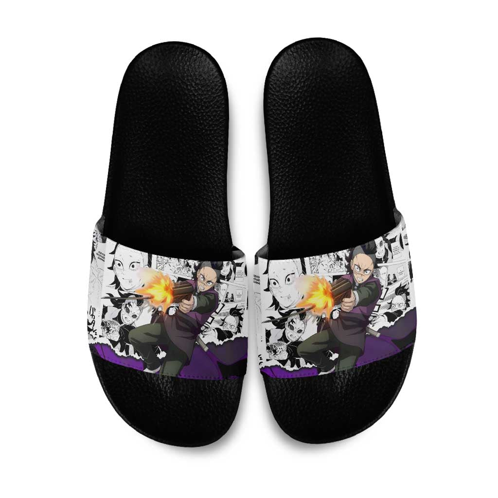 Genya Shinazugawa Demon Slayer Manga Panel Black and White Theme Slide Sandals with Purple Accents and Gun Action Pose - The Mazicc