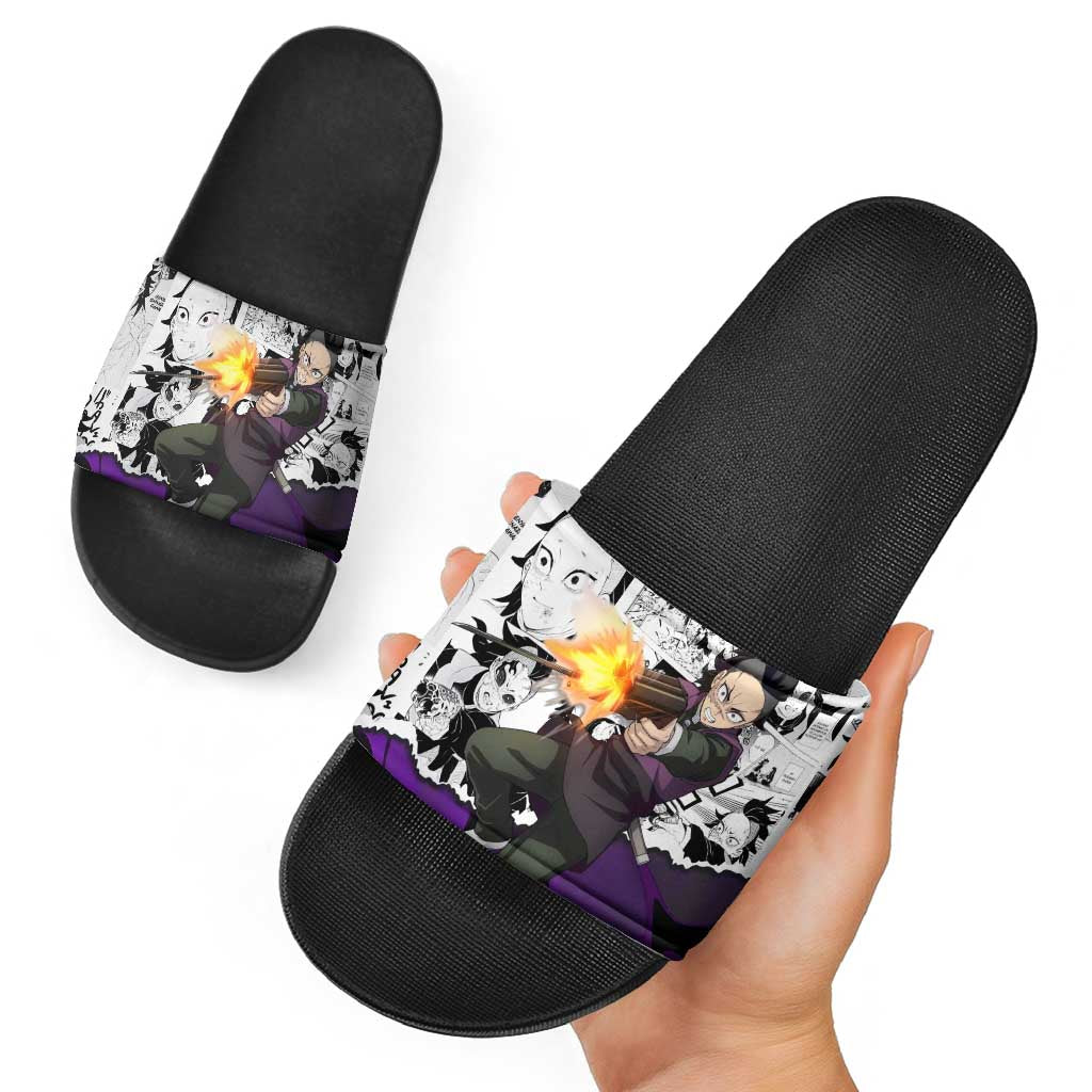 Genya Shinazugawa Demon Slayer Manga Panel Black and White Theme Slide Sandals with Purple Accents and Gun Action Pose - The Mazicc