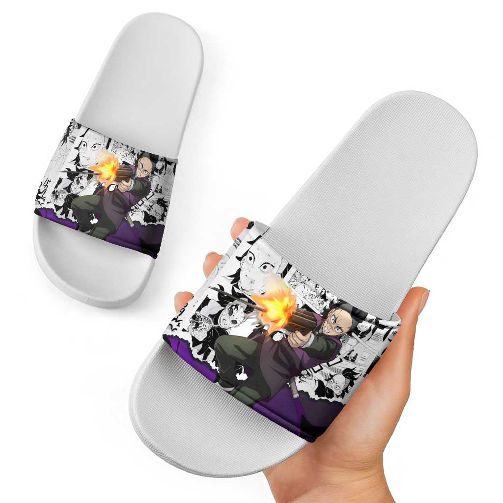 Genya Shinazugawa Demon Slayer Manga Panel Black and White Theme Slide Sandals with Purple Accents and Gun Action Pose - The Mazicc