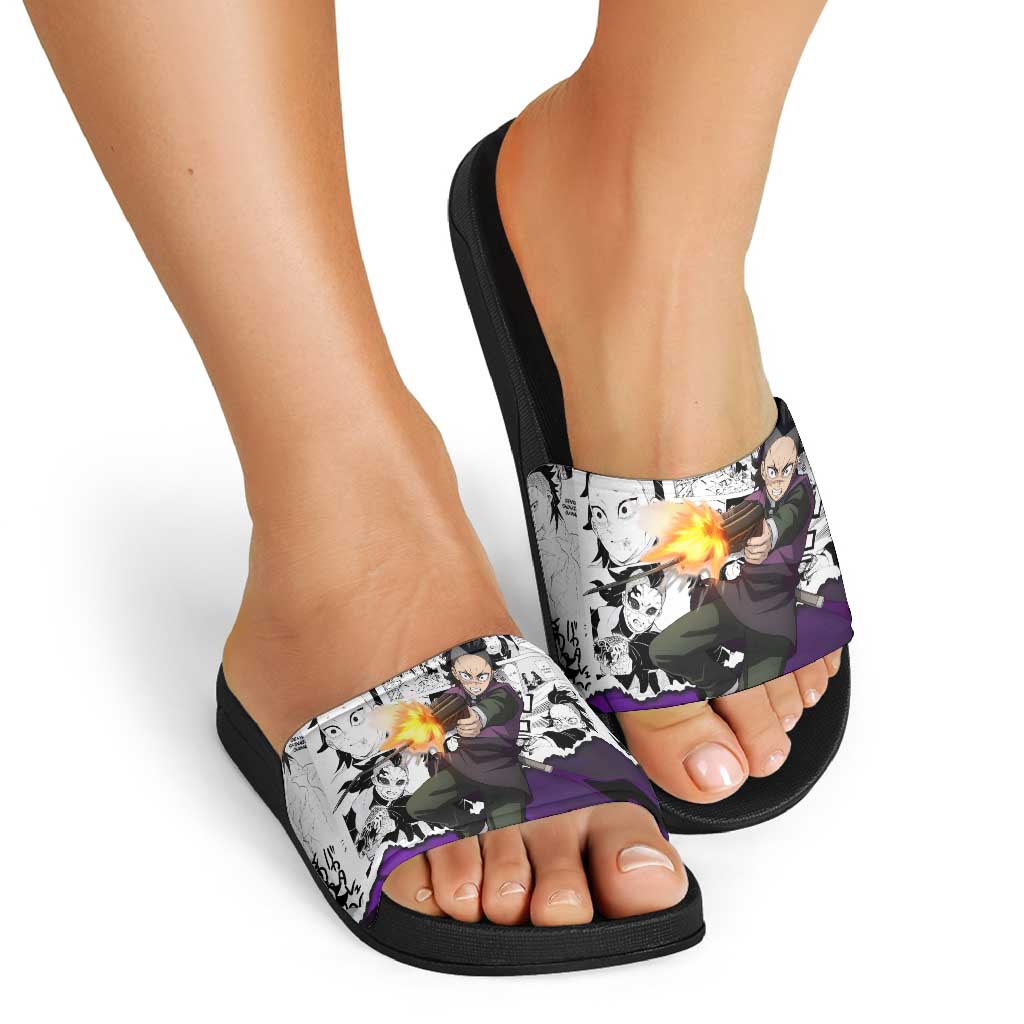 Genya Shinazugawa Demon Slayer Manga Panel Black and White Theme Slide Sandals with Purple Accents and Gun Action Pose - The Mazicc