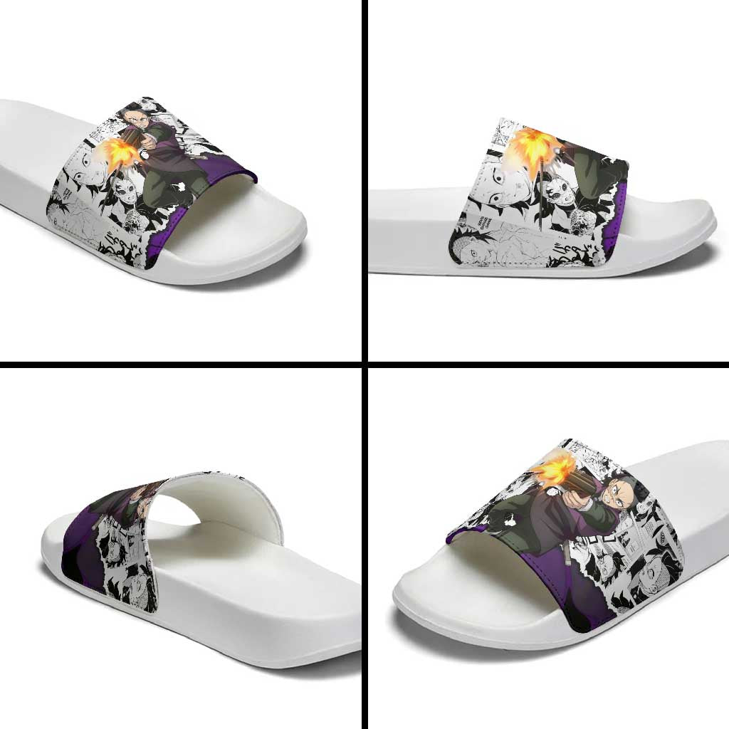 Genya Shinazugawa Demon Slayer Manga Panel Black and White Theme Slide Sandals with Purple Accents and Gun Action Pose - The Mazicc