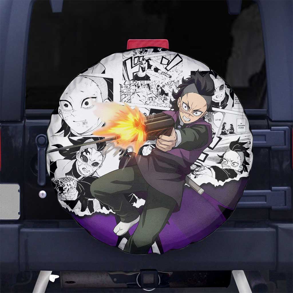 Genya Shinazugawa Demon Slayer Manga Panel Black and White Theme Spare Tire Cover with Purple Accents and Gun Action Pose - The Mazicc