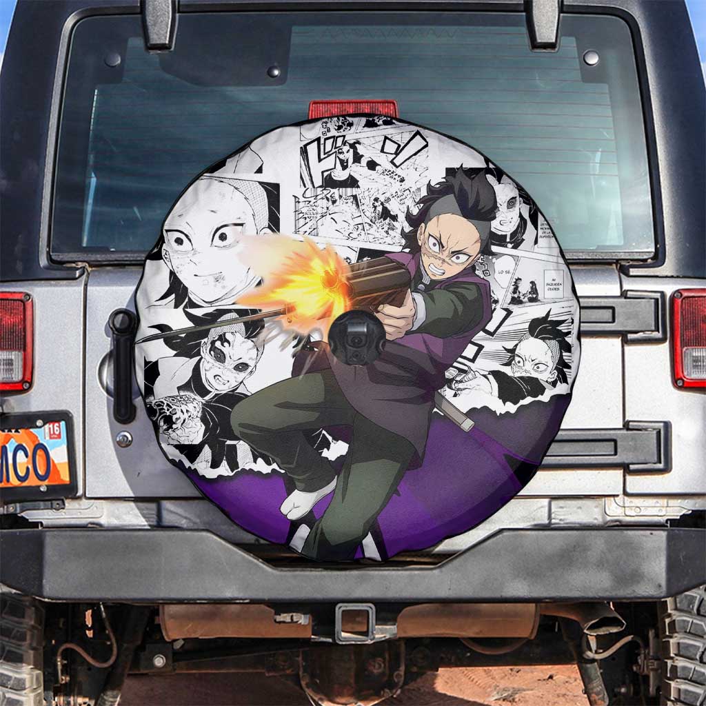 Genya Shinazugawa Demon Slayer Manga Panel Black and White Theme Spare Tire Cover with Purple Accents and Gun Action Pose - The Mazicc