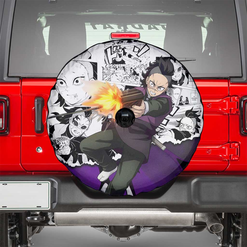 Genya Shinazugawa Demon Slayer Manga Panel Black and White Theme Spare Tire Cover with Purple Accents and Gun Action Pose - The Mazicc