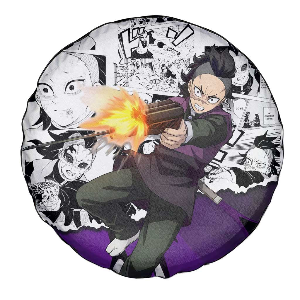 Genya Shinazugawa Demon Slayer Manga Panel Black and White Theme Spare Tire Cover with Purple Accents and Gun Action Pose - The Mazicc