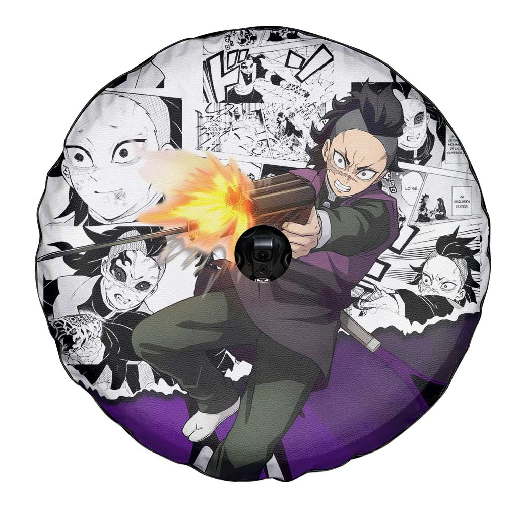 Genya Shinazugawa Demon Slayer Manga Panel Black and White Theme Spare Tire Cover with Purple Accents and Gun Action Pose - The Mazicc