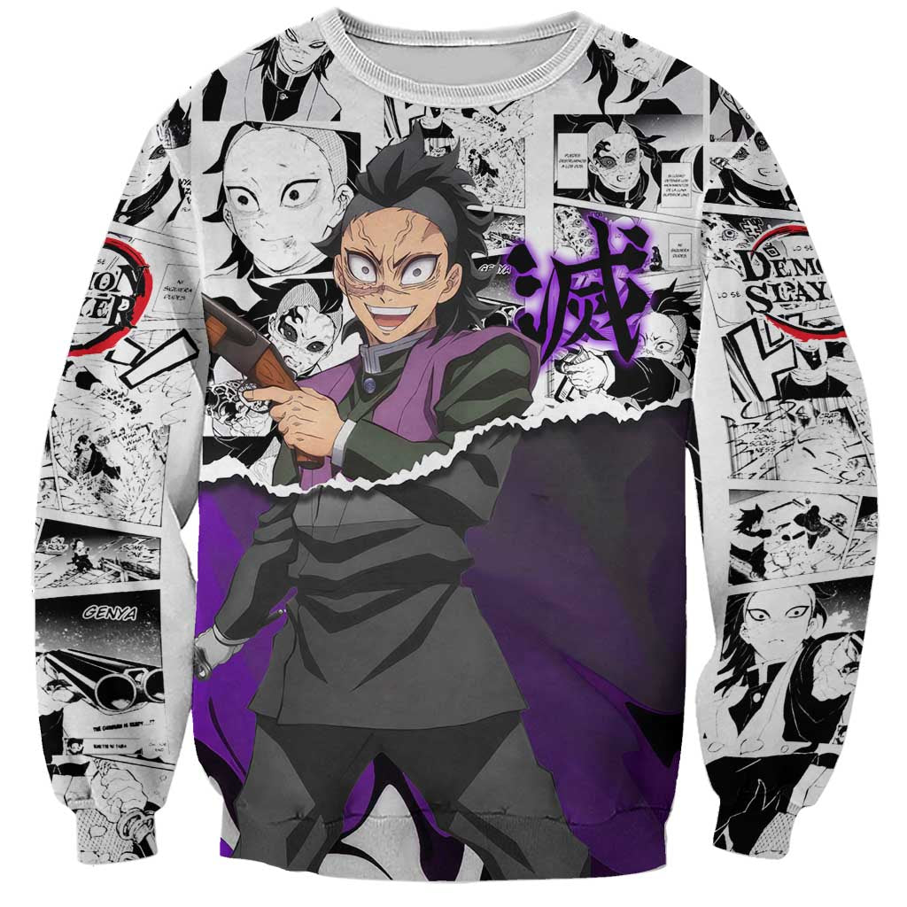 Genya Shinazugawa Demon Slayer Manga Panel Black and White Theme Sweatshirt with Purple Accents and Gun Action Pose - The Mazicc
