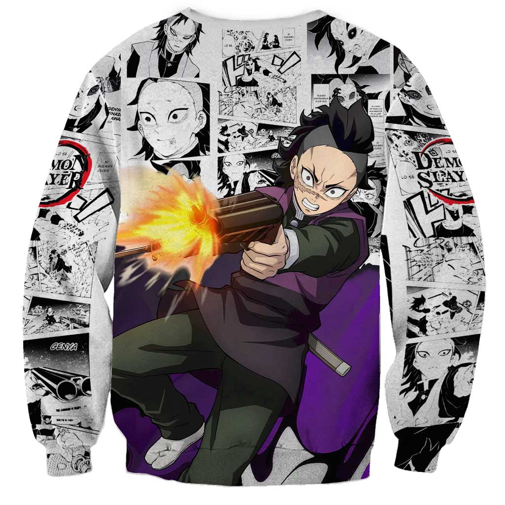 Genya Shinazugawa Demon Slayer Manga Panel Black and White Theme Sweatshirt with Purple Accents and Gun Action Pose - The Mazicc