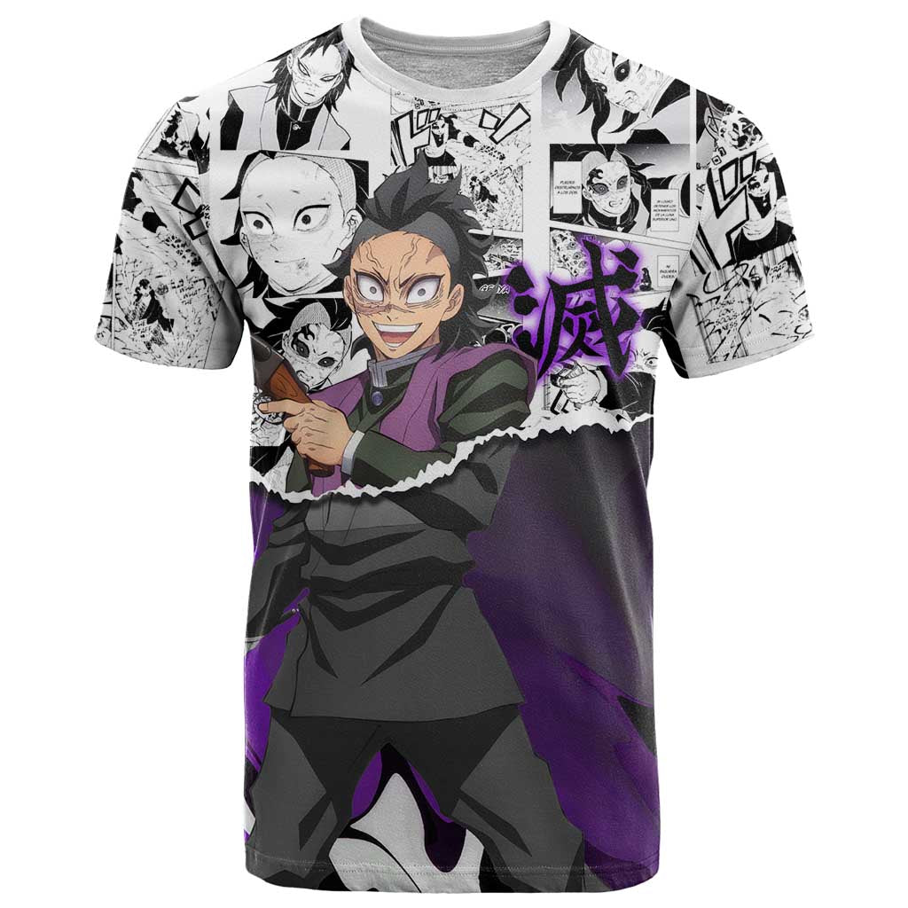 Genya Shinazugawa Demon Slayer Manga Panel Black and White Theme T Shirt with Purple Accents and Gun Action Pose - The Mazicc