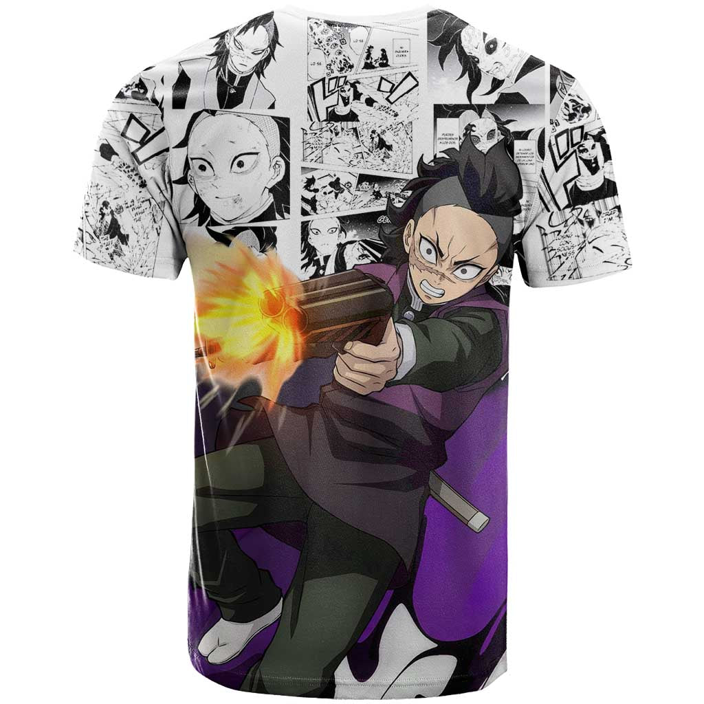 Genya Shinazugawa Demon Slayer Manga Panel Black and White Theme T Shirt with Purple Accents and Gun Action Pose - The Mazicc