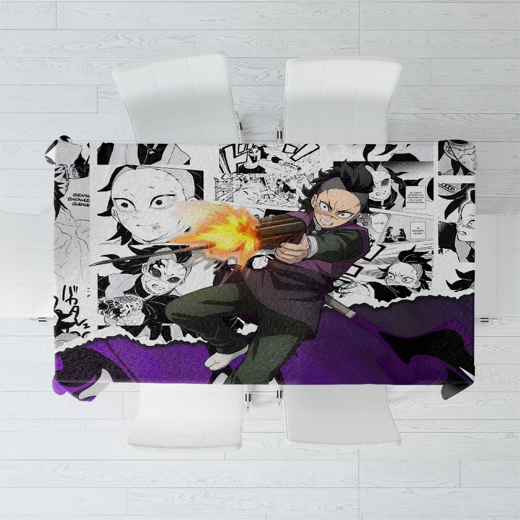 Genya Shinazugawa Demon Slayer Manga Panel Black and White Theme Tablecloth with Purple Accents and Gun Action Pose - The Mazicc