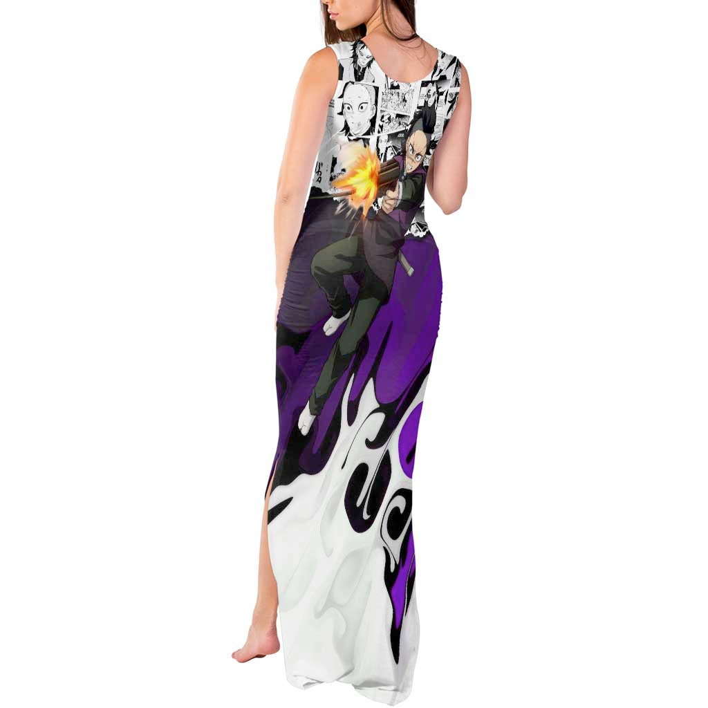 Genya Shinazugawa Demon Slayer Manga Panel Black and White Theme Tank Maxi Dress with Purple Accents and Gun Action Pose - The Mazicc