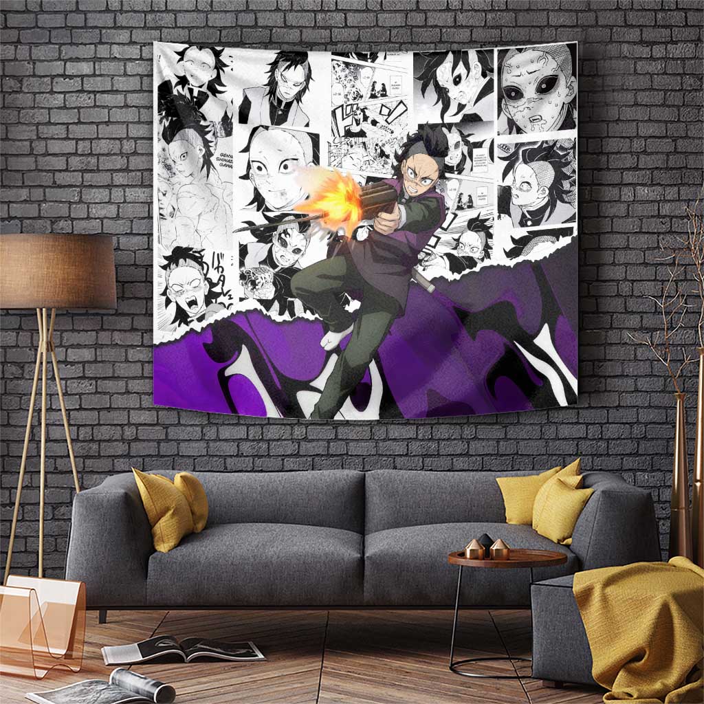 Genya Shinazugawa Demon Slayer Manga Panel Black and White Theme Tapestry with Purple Accents and Gun Action Pose - The Mazicc