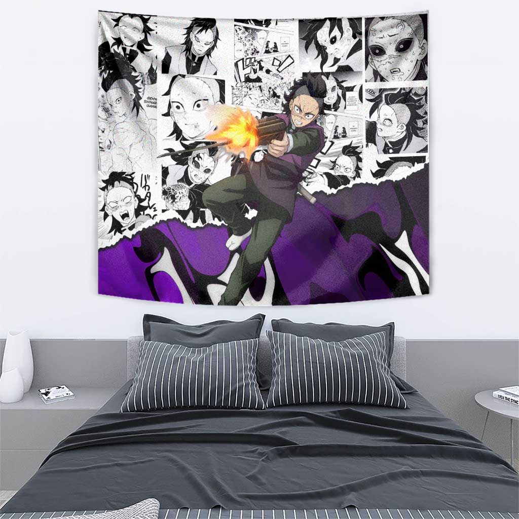 Genya Shinazugawa Demon Slayer Manga Panel Black and White Theme Tapestry with Purple Accents and Gun Action Pose - The Mazicc