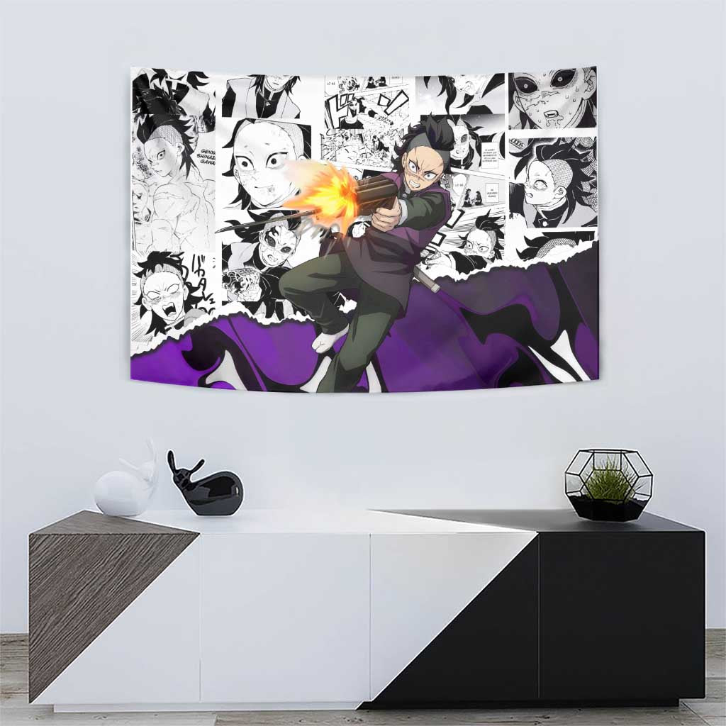 Genya Shinazugawa Demon Slayer Manga Panel Black and White Theme Tapestry with Purple Accents and Gun Action Pose - The Mazicc
