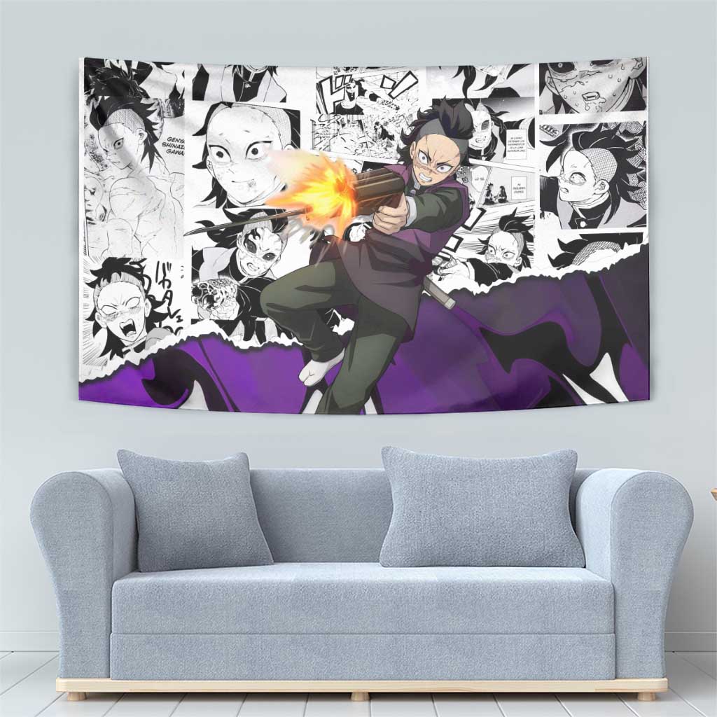 Genya Shinazugawa Demon Slayer Manga Panel Black and White Theme Tapestry with Purple Accents and Gun Action Pose - The Mazicc