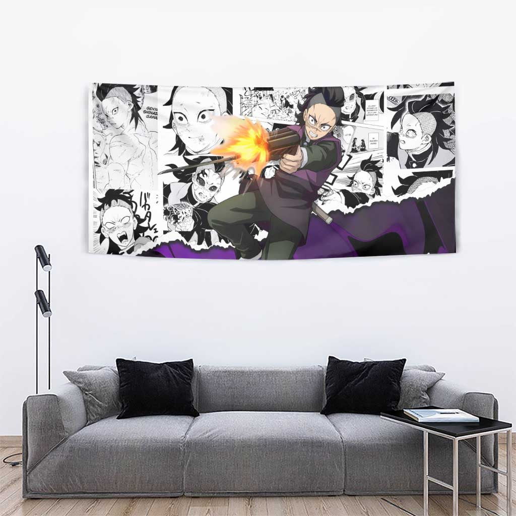 Genya Shinazugawa Demon Slayer Manga Panel Black and White Theme Tapestry with Purple Accents and Gun Action Pose - The Mazicc