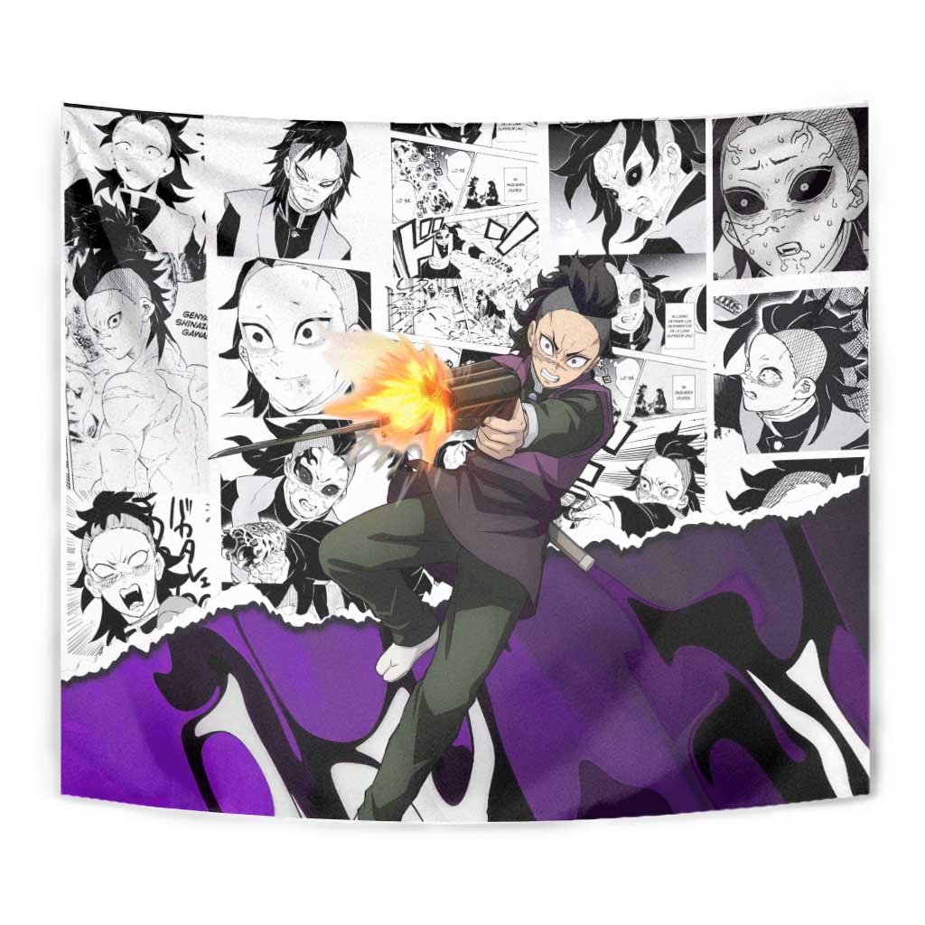 Genya Shinazugawa Demon Slayer Manga Panel Black and White Theme Tapestry with Purple Accents and Gun Action Pose - The Mazicc