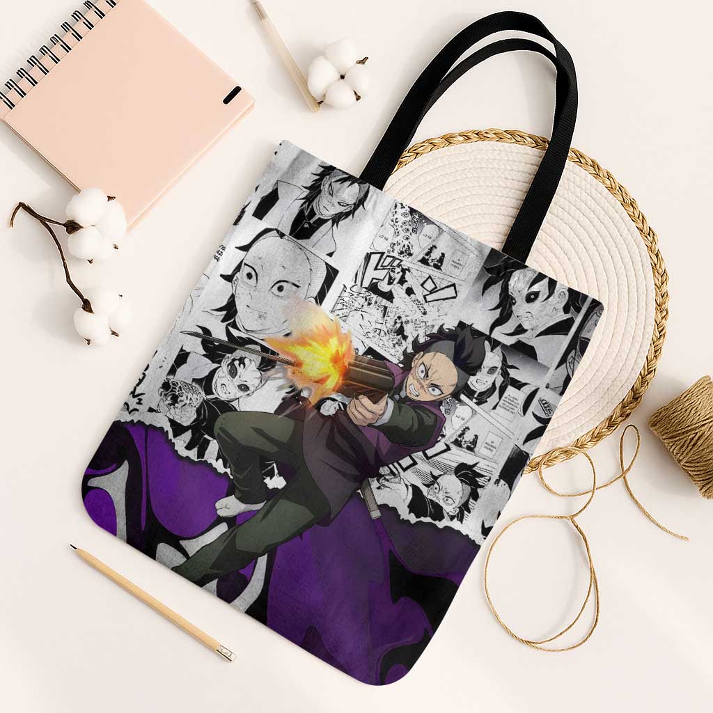 Genya Shinazugawa Demon Slayer Manga Panel Black and White Theme Tote Bag with Purple Accents and Gun Action Pose - The Mazicc
