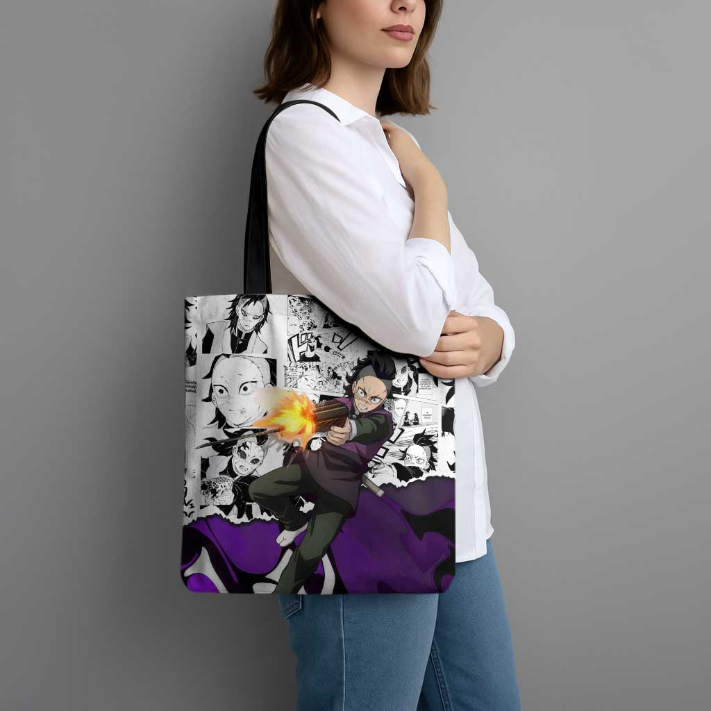 Genya Shinazugawa Demon Slayer Manga Panel Black and White Theme Tote Bag with Purple Accents and Gun Action Pose - The Mazicc