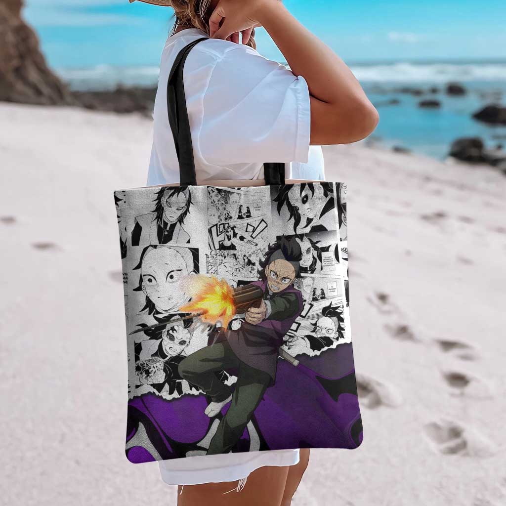 Genya Shinazugawa Demon Slayer Manga Panel Black and White Theme Tote Bag with Purple Accents and Gun Action Pose - The Mazicc