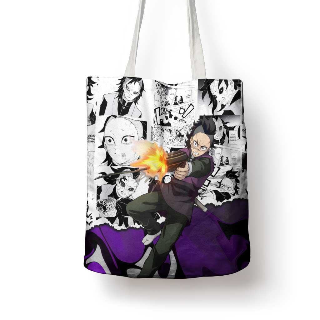 Genya Shinazugawa Demon Slayer Manga Panel Black and White Theme Tote Bag with Purple Accents and Gun Action Pose - The Mazicc