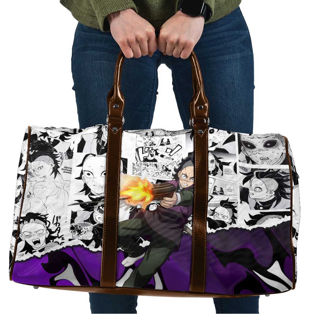 Genya Shinazugawa Demon Slayer Manga Panel Black and White Theme Travel Bag with Purple Accents and Gun Action Pose - The Mazicc