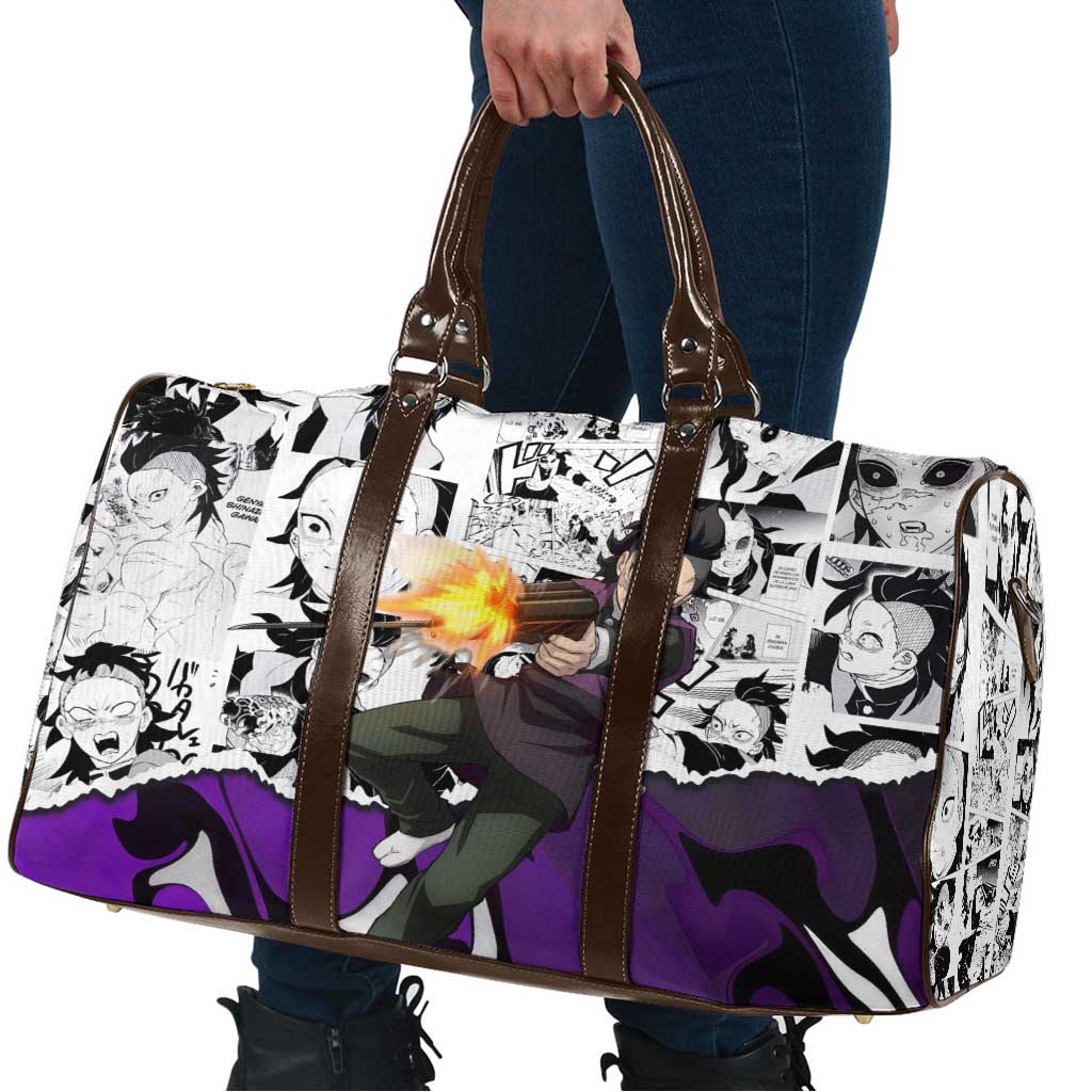 Genya Shinazugawa Demon Slayer Manga Panel Black and White Theme Travel Bag with Purple Accents and Gun Action Pose - The Mazicc