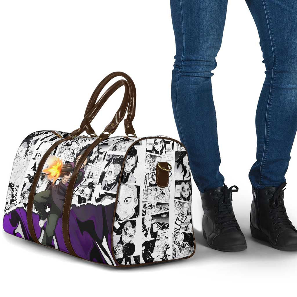 Genya Shinazugawa Demon Slayer Manga Panel Black and White Theme Travel Bag with Purple Accents and Gun Action Pose - The Mazicc