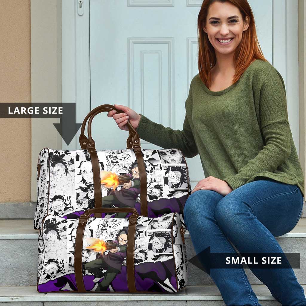 Genya Shinazugawa Demon Slayer Manga Panel Black and White Theme Travel Bag with Purple Accents and Gun Action Pose - The Mazicc