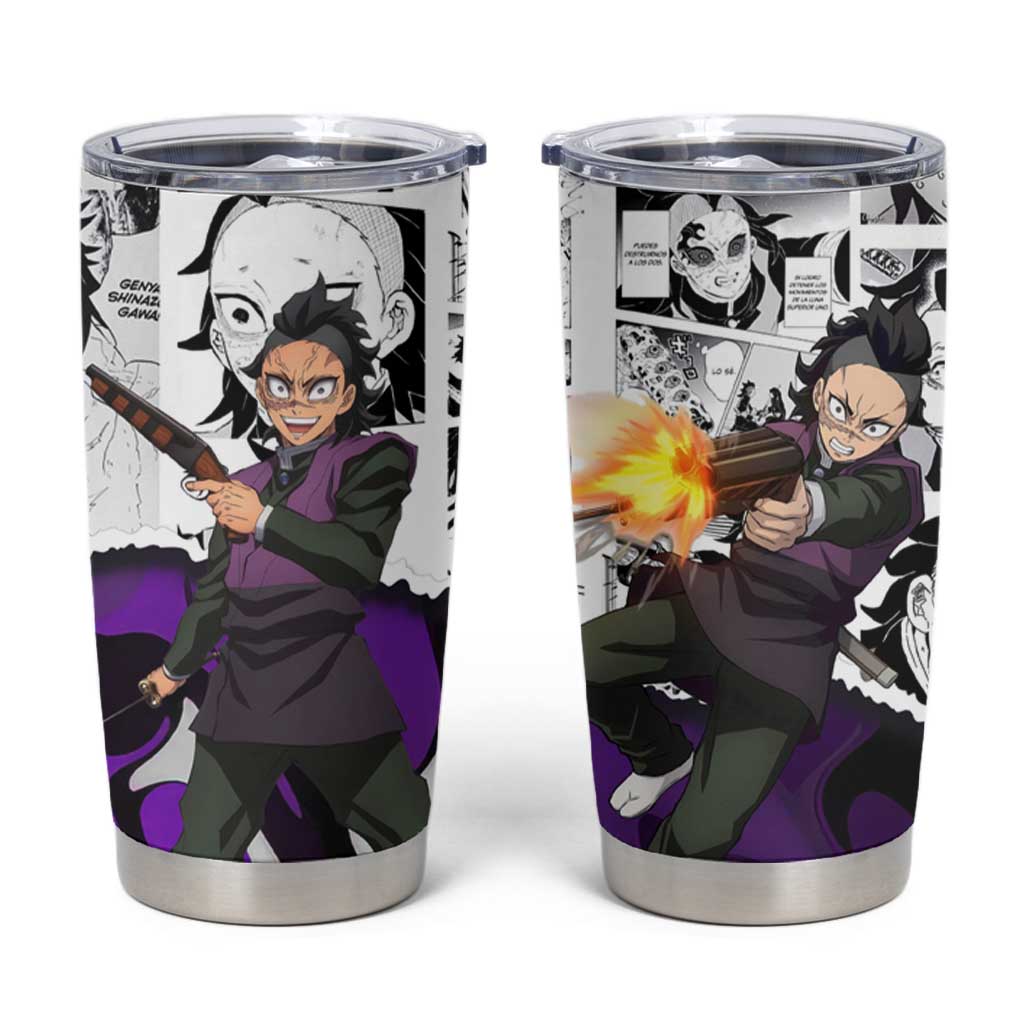Genya Shinazugawa Demon Slayer Manga Panel Black and White Theme Tumbler Cup with Purple Accents and Gun Action Pose - The Mazicc