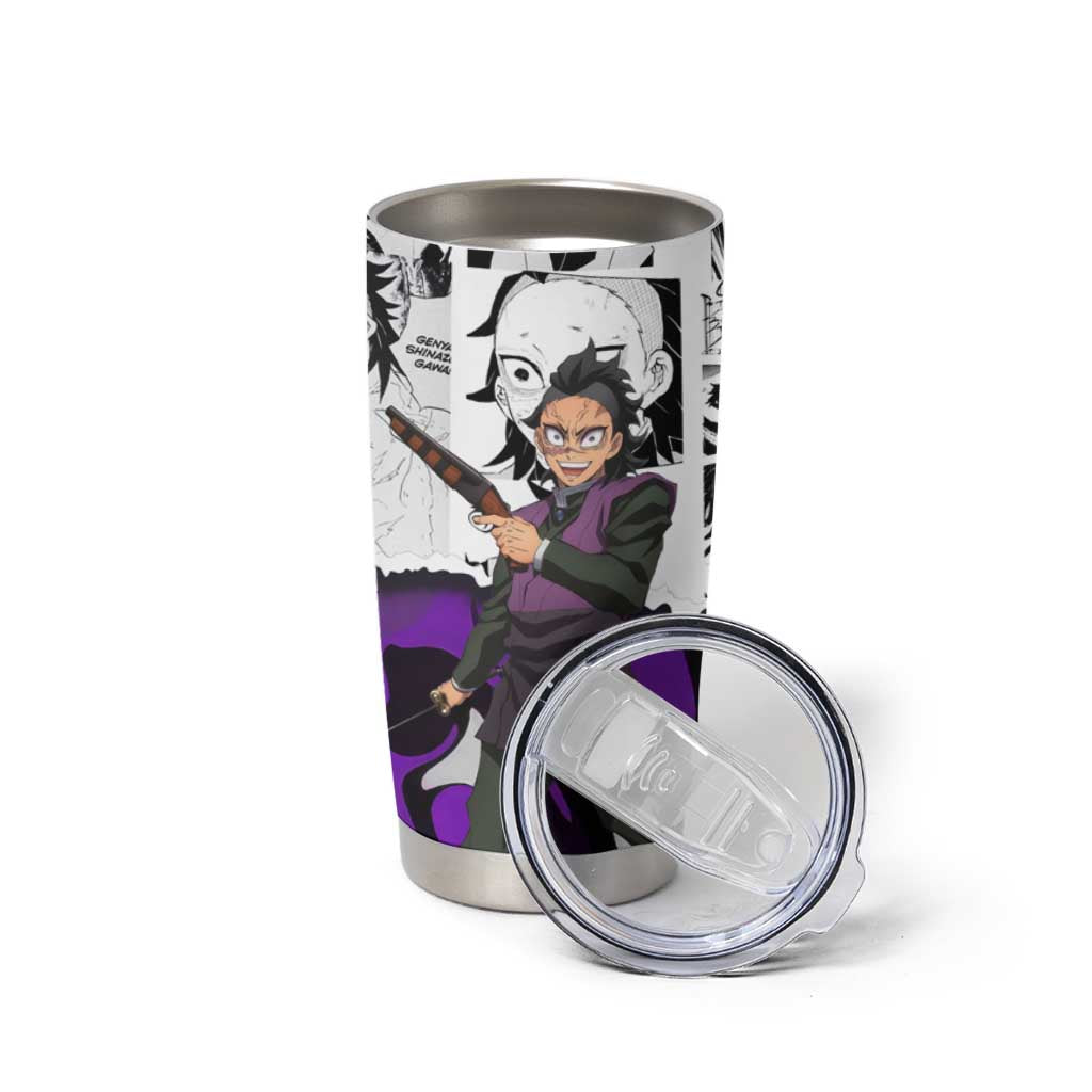 Genya Shinazugawa Demon Slayer Manga Panel Black and White Theme Tumbler Cup with Purple Accents and Gun Action Pose - The Mazicc