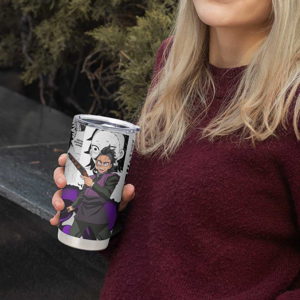 Genya Shinazugawa Demon Slayer Manga Panel Black and White Theme Tumbler Cup with Purple Accents and Gun Action Pose - The Mazicc