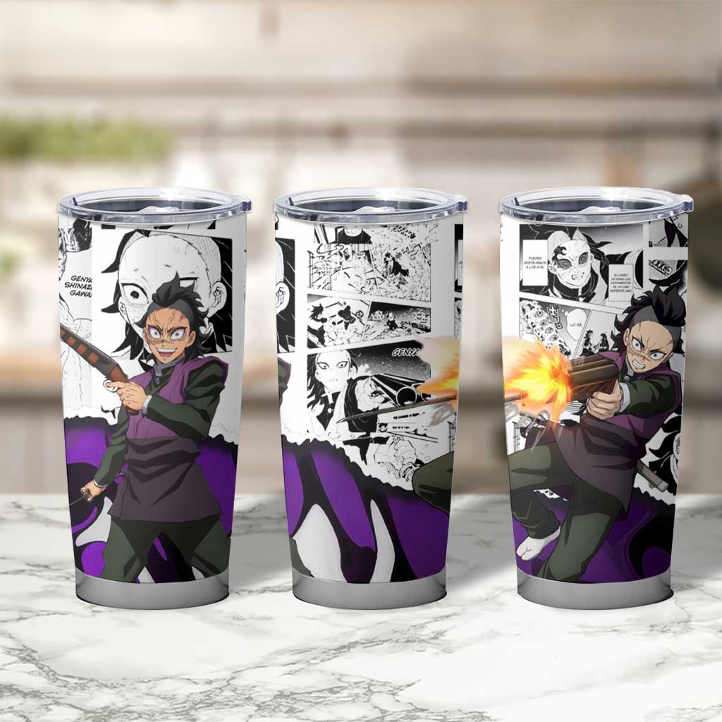 Genya Shinazugawa Demon Slayer Manga Panel Black and White Theme Tumbler Cup with Purple Accents and Gun Action Pose - The Mazicc