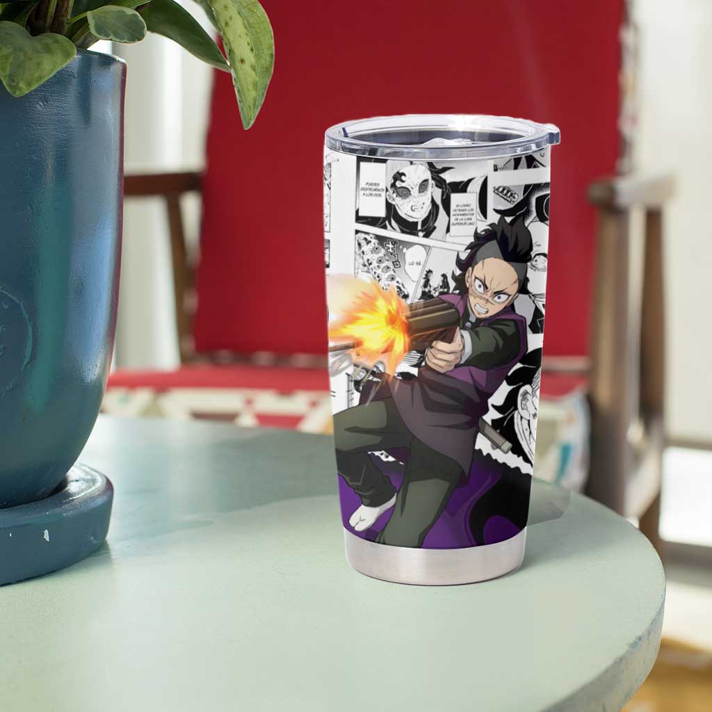 Genya Shinazugawa Demon Slayer Manga Panel Black and White Theme Tumbler Cup with Purple Accents and Gun Action Pose - The Mazicc