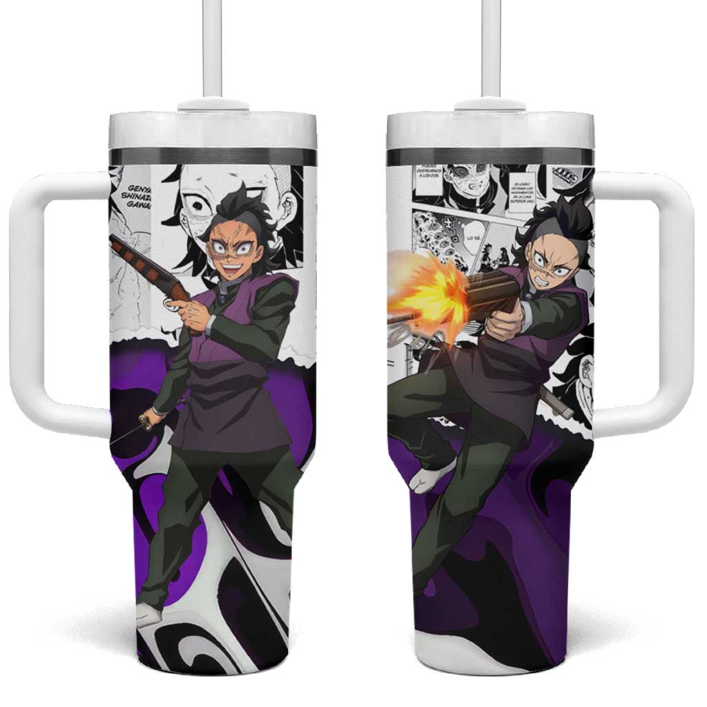 Genya Shinazugawa Demon Slayer Manga Panel Black and White Theme Tumbler With Handle with Purple Accents and Gun Action Pose - The Mazicc