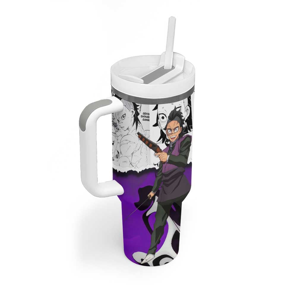 Genya Shinazugawa Demon Slayer Manga Panel Black and White Theme Tumbler With Handle with Purple Accents and Gun Action Pose - The Mazicc