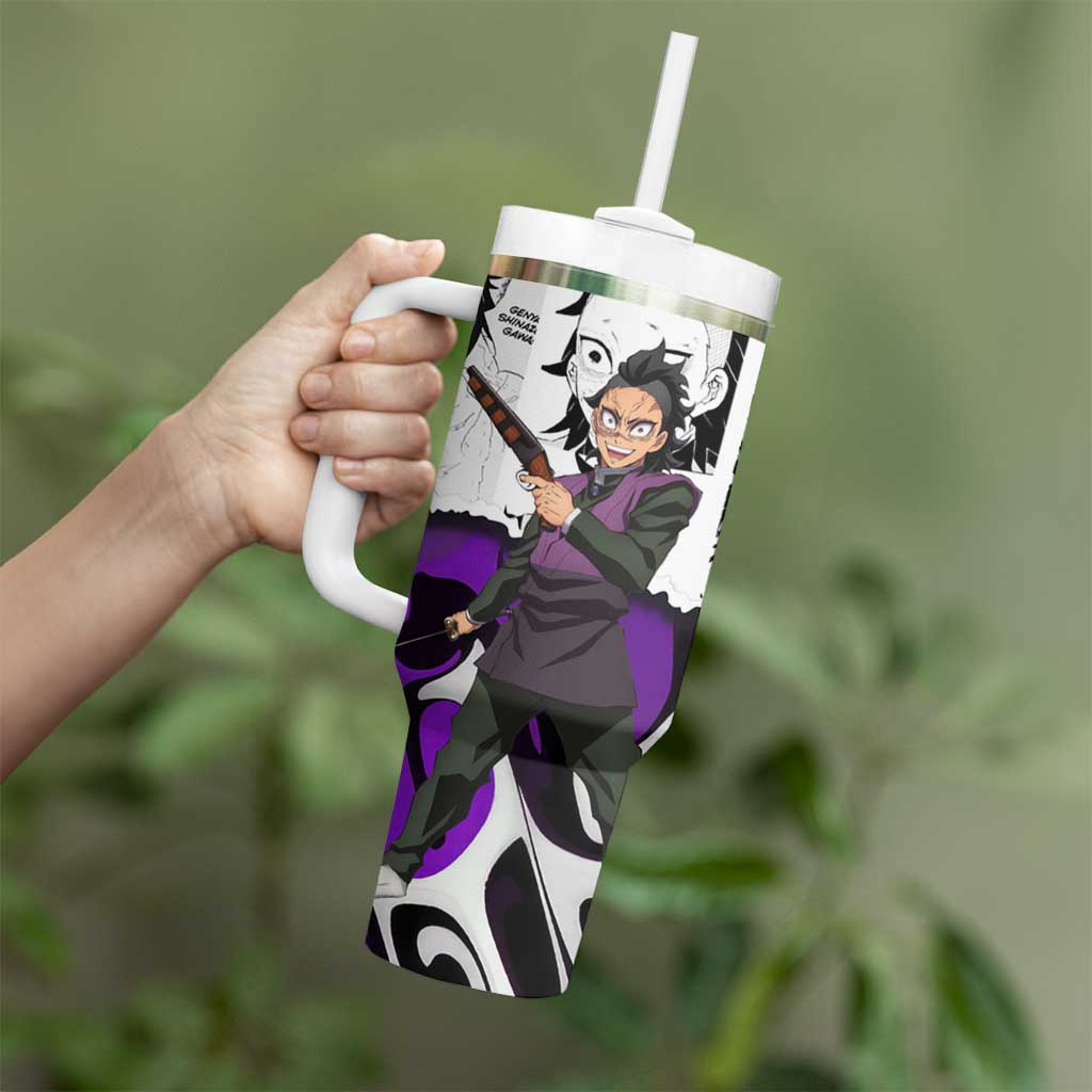 Genya Shinazugawa Demon Slayer Manga Panel Black and White Theme Tumbler With Handle with Purple Accents and Gun Action Pose - The Mazicc