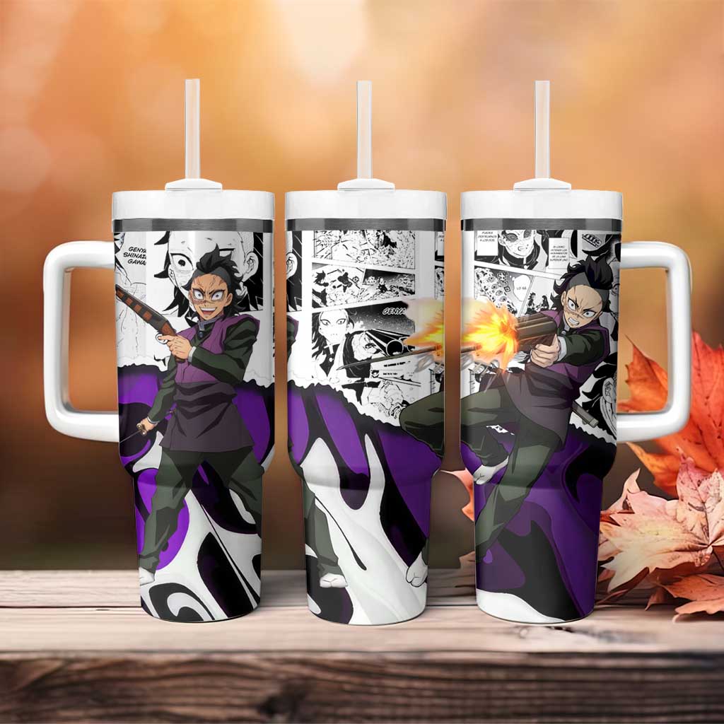 Genya Shinazugawa Demon Slayer Manga Panel Black and White Theme Tumbler With Handle with Purple Accents and Gun Action Pose - The Mazicc