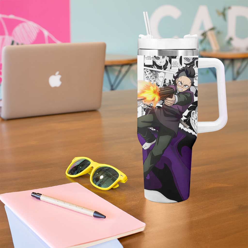 Genya Shinazugawa Demon Slayer Manga Panel Black and White Theme Tumbler With Handle with Purple Accents and Gun Action Pose - The Mazicc