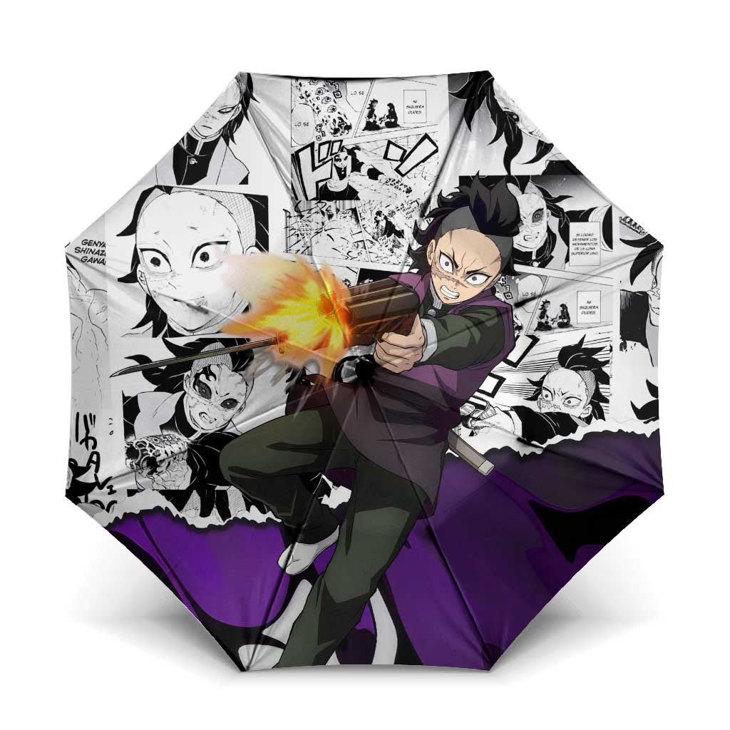 Genya Shinazugawa Demon Slayer Manga Panel Black and White Theme Umbrella with Purple Accents and Gun Action Pose - The Mazicc