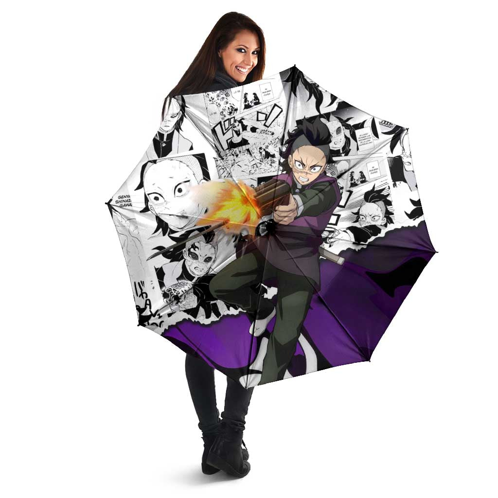 Genya Shinazugawa Demon Slayer Manga Panel Black and White Theme Umbrella with Purple Accents and Gun Action Pose - The Mazicc