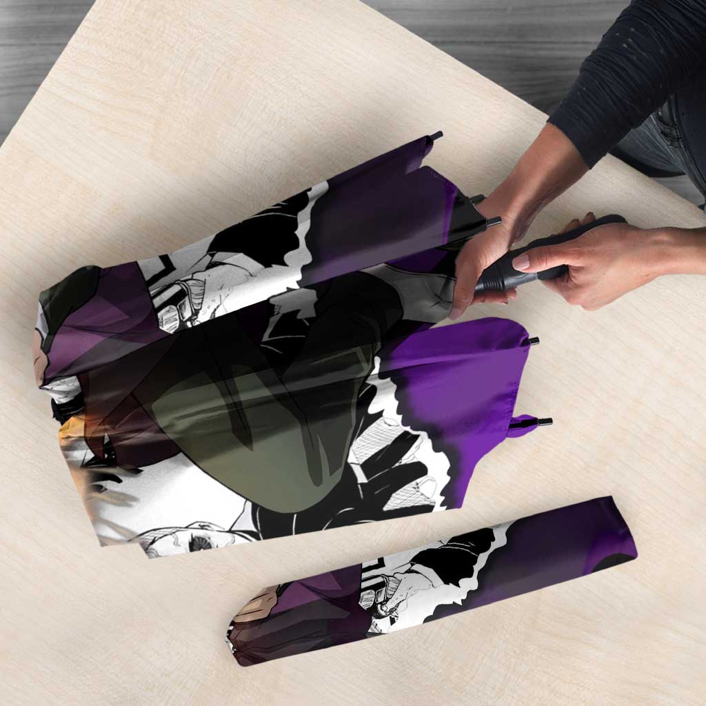 Genya Shinazugawa Demon Slayer Manga Panel Black and White Theme Umbrella with Purple Accents and Gun Action Pose - The Mazicc