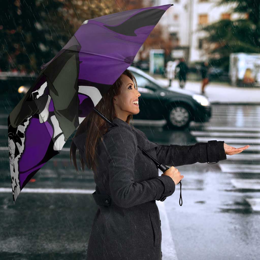 Genya Shinazugawa Demon Slayer Manga Panel Black and White Theme Umbrella with Purple Accents and Gun Action Pose - The Mazicc