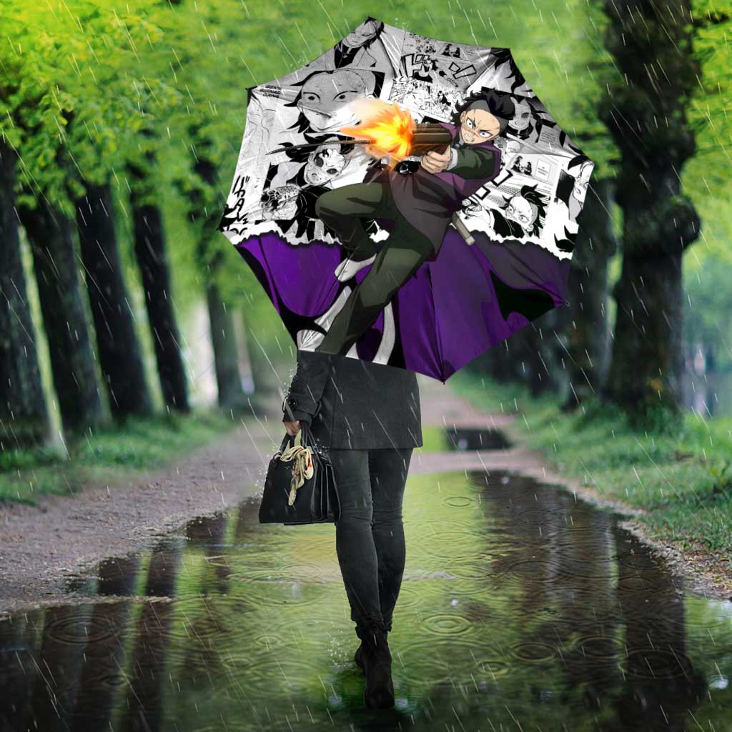 Genya Shinazugawa Demon Slayer Manga Panel Black and White Theme Umbrella with Purple Accents and Gun Action Pose - The Mazicc