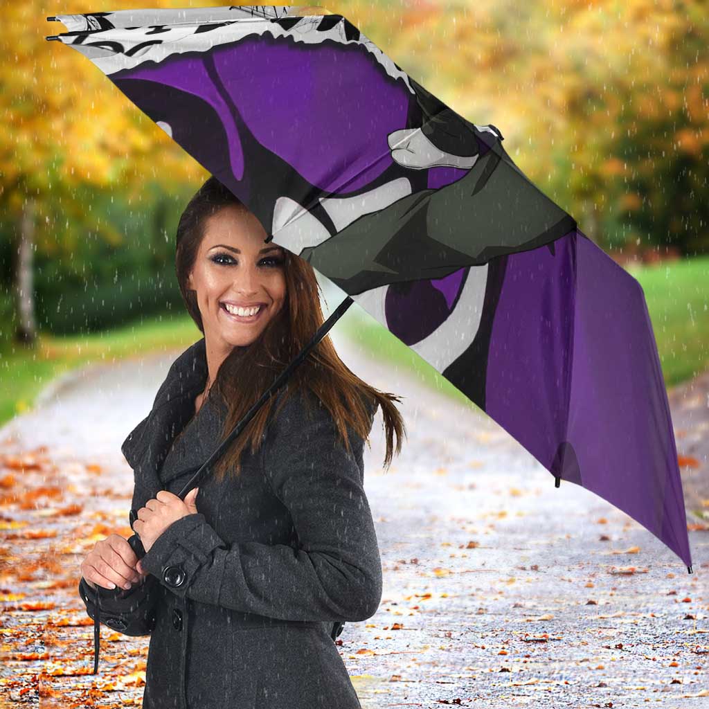 Genya Shinazugawa Demon Slayer Manga Panel Black and White Theme Umbrella with Purple Accents and Gun Action Pose - The Mazicc