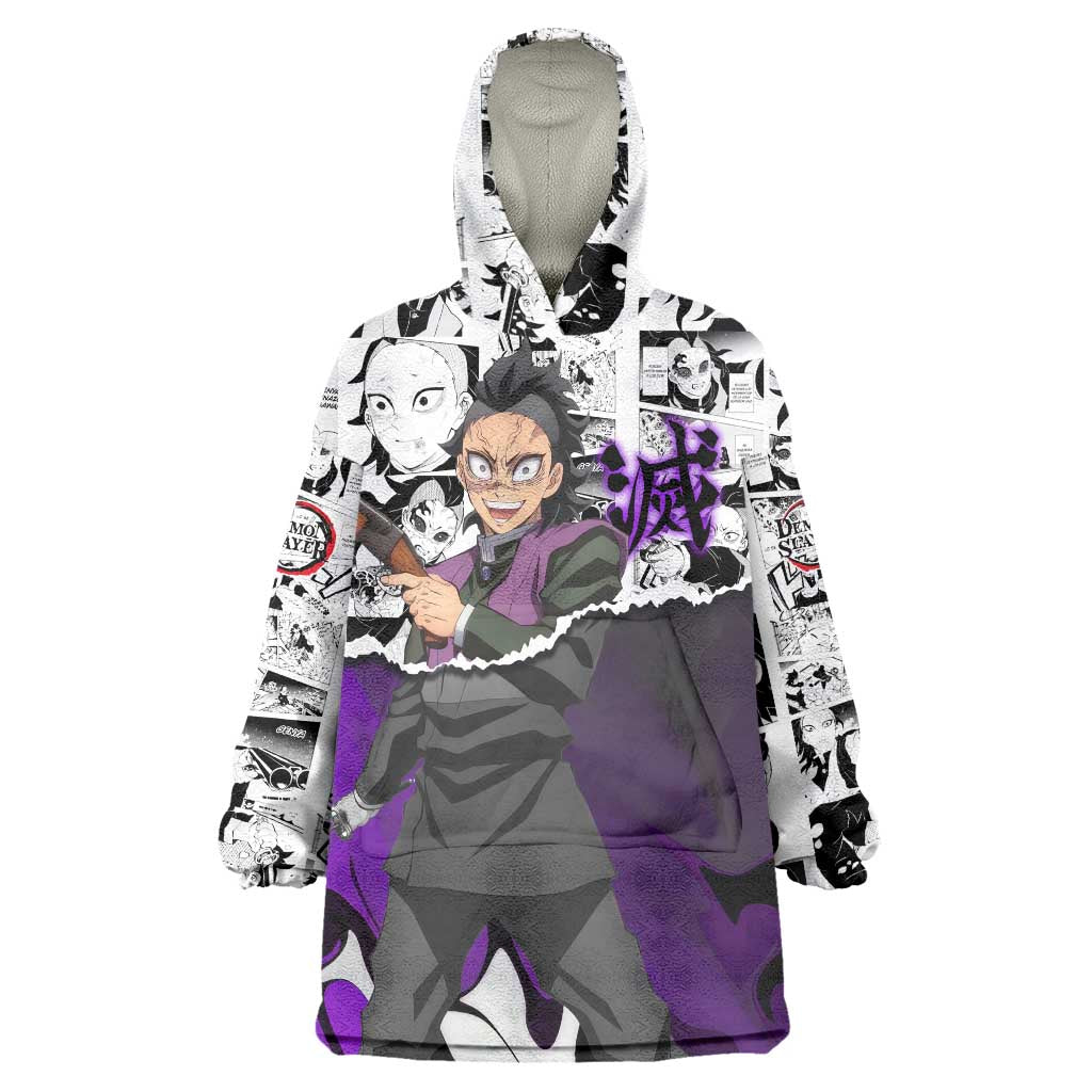 Genya Shinazugawa Demon Slayer Manga Panel Black and White Theme Wearable Blanket Hoodie with Purple Accents and Gun Action Pose - The Mazicc