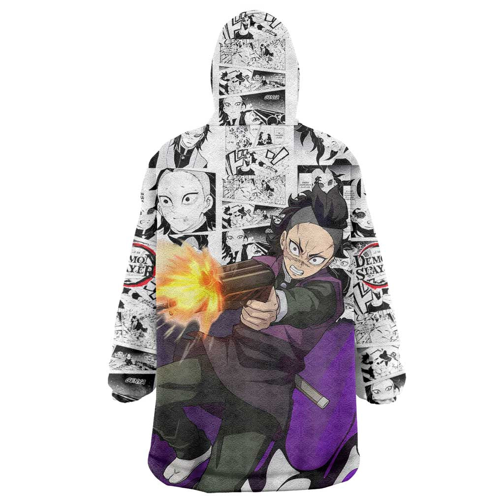 Genya Shinazugawa Demon Slayer Manga Panel Black and White Theme Wearable Blanket Hoodie with Purple Accents and Gun Action Pose - The Mazicc